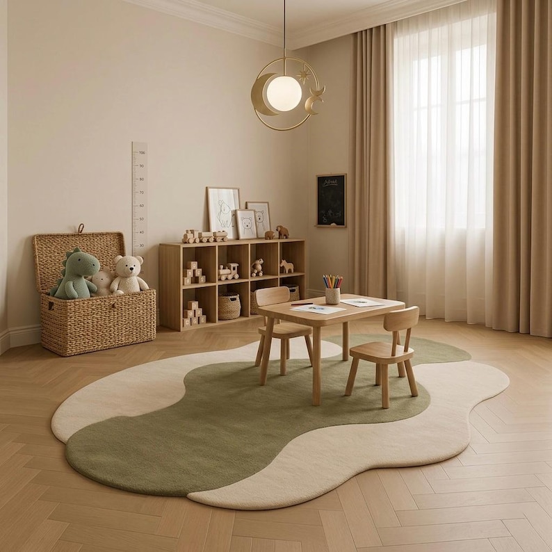 May include: A children's playroom with a whimsical, organic-shaped rug in shades of green and beige. The room features a small wooden table and chairs, a wicker toy chest, and a decorative light fixture.