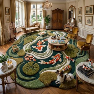 Alfombra 3D con diseño de estanque de carpas koi / Alfombra irregular de pelo alto y felpa con diseño de nenúfares y peces / Alfombra llamativa tejida a mano para sala de estar o sala de juegos. imagen 7
