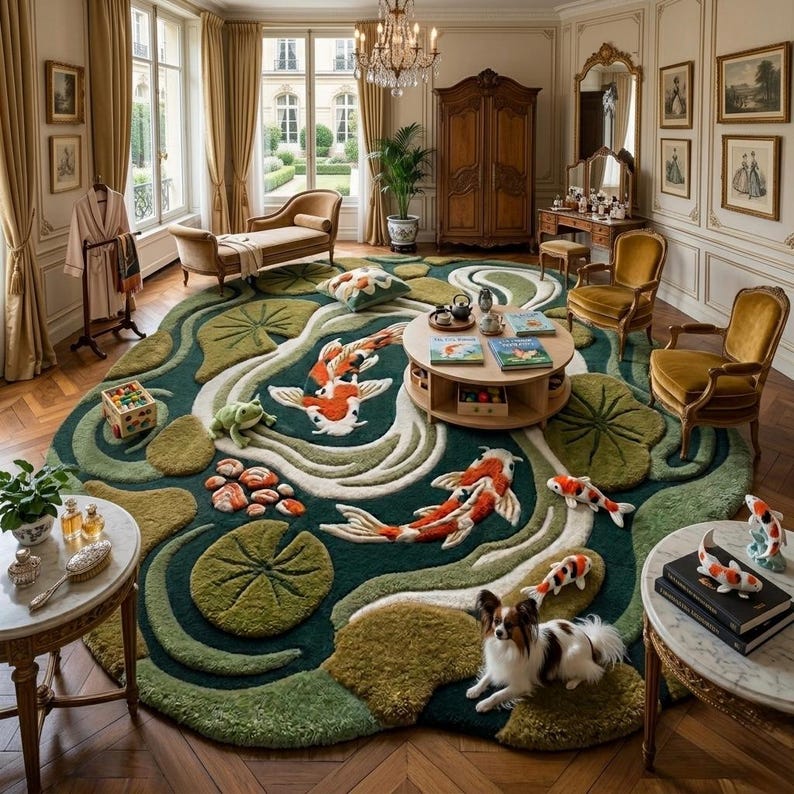 Alfombra 3D con diseño de estanque de carpas koi / Alfombra irregular de pelo alto y felpa con diseño de nenúfares y peces / Alfombra llamativa tejida a mano para sala de estar o sala de juegos. imagen 7