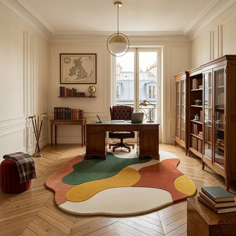 Handmade Mid-Century Organic Shape Rug - Terracotta, Olive, Yellow image 6
