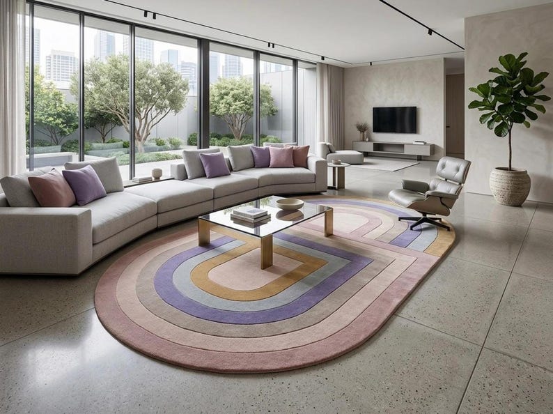 Bright living room under curved sofa, modern oval area rug in dusty rose and purple, abstract geometric rug