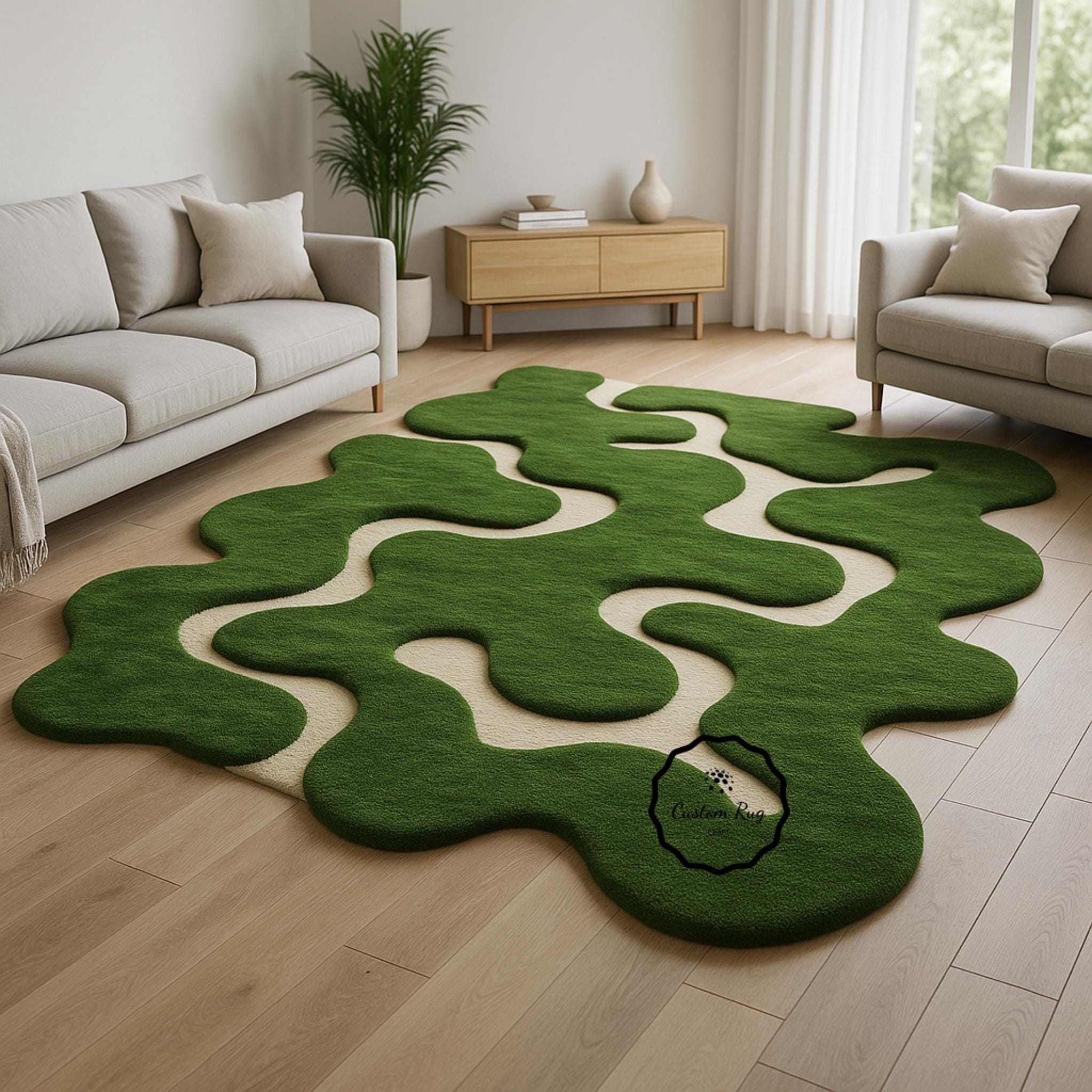 Green and White Modern Irregular Hand Tufted Abstract Rugs Amoeba Layered rug for Living room Bedroom contemporary handmade wool rug 8x10