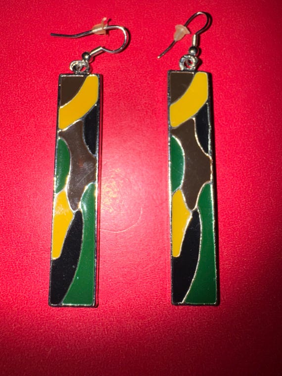 Multi Colored Rectangular Enamel Earrings, Silver… - image 1