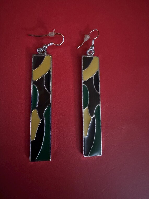 Multi Colored Rectangular Enamel Earrings, Silver… - image 2