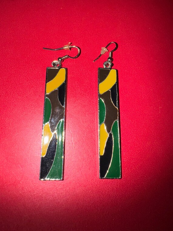 Multi Colored Rectangular Enamel Earrings, Silver… - image 4