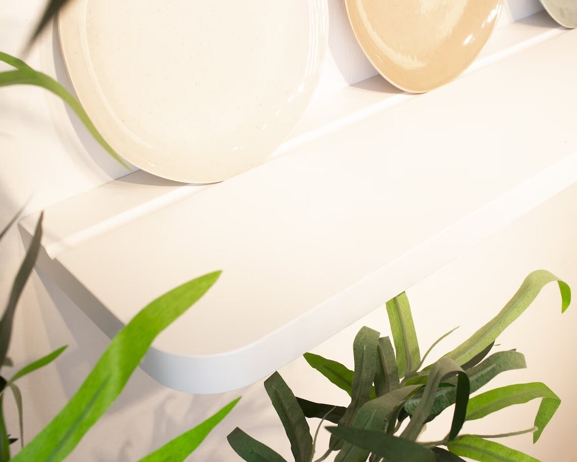 White Radius Floating Shelves With Plate Groove, Custom Size Floating