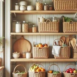 Puede incluir: Una despensa de cocina blanca con estantes de madera llenos de cestas de mimbre y tarros de vidrio. Las cestas están llenas de frutas, verduras y otros artículos de despensa.