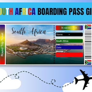 Bilhete de presente para cartão de embarque da África do Sul, bilhete de avião fofo e exclusivo para presente de aniversário, presente personalizado de companhia aérea surpresa para impressão