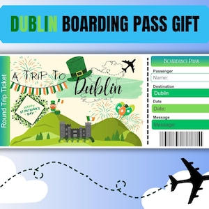Billet cadeau carte d'embarquement de Dublin, anniversaire surprise, cadeau d'avion carte d'embarquement, billet d'avion pour Dublin, cadeau personnalisé surprise à imprimer pour compagnie aérienne