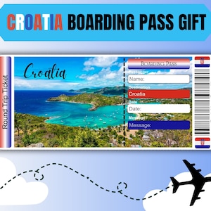 Bilhete de presente para cartão de embarque da Croácia, bilhete de avião para presente de aniversário exclusivo, presente personalizado para companhia aérea surpresa da Croácia para impressão