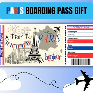Może przedstawiać: Drukowana etykieta prezentowa karty pokładowej w paryskim stylu. Etykieta zawiera rysunek Wieży Eiffla, Łuku Triumfalnego i fajerwerków. Tekst "A Trip to Paris" i "bonjour" jest włączony. Etykieta ma miejsce na imię i nazwisko pasażera, miejsce docelowe, datę i wiadomość.