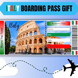 Italien Bordkarte Geschenkkarte, einzigartiges niedliches Geburtstagsbordkarte-Flugzeuggeschenk-Flugticket, druckbares Italien-Überraschungsfluglinien-kundenspezifisches Geschenk