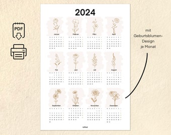 2024 Kalender digital deutsch „Geburtsblumen“ Jahreskalender druckbarer Wandkalender Hochformat PDF Download A3 A4 Montag & Sonntag Start