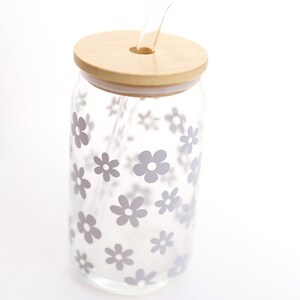 Flower Glass Cup with straw and lid, bridesmaid gift, personalize name, iced coffee