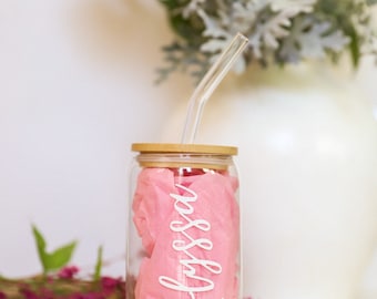 Taza de cristal personalizada con pajita y tapa, regalo de dama de honor, nombre personalizado, café helado