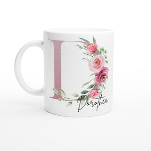 Taza personalizada: letra y nombre decorado floral. Taza personalizada con iniciales como regalo para esposa, novia, madre, colega.