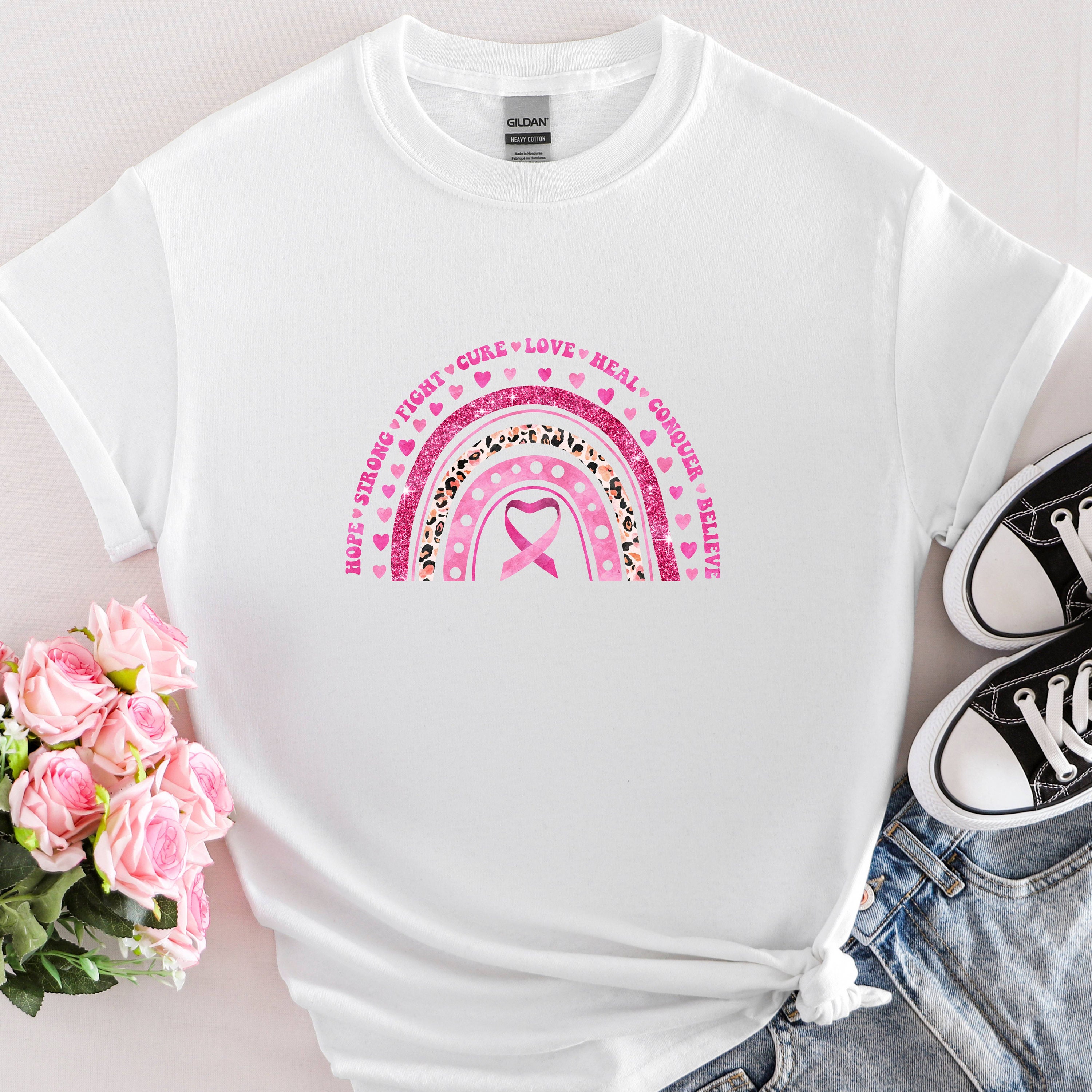 T-shirt do câncer de mama, camisa do câncer de mama da cura da esperança da coragem, arco-íris cor-de-rosa da fita.