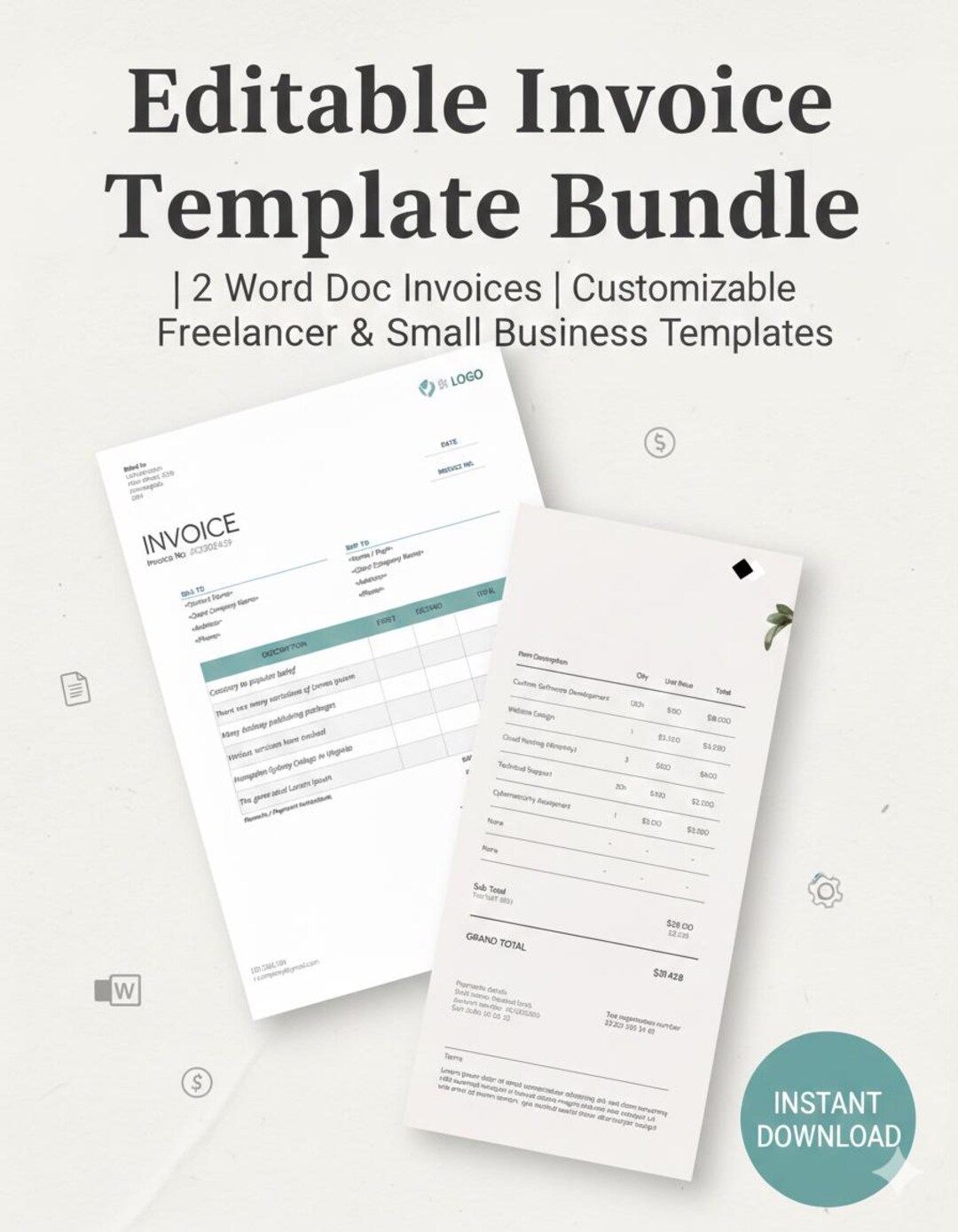 Editable Invoice Template Bundle | 2 Word Doc Invoices | Customizable ...