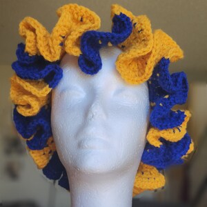 Royal Blue and Varsity Gold spiral crochet ruffle bucket hat.