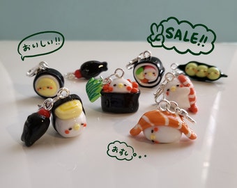 Sleepy Chicks Sushi Charms || Ikura, Sashimi, Shrimp, Edamame, Fish shaped Soya Sauce, California Roll || Handmade Polymer Clay Keychain