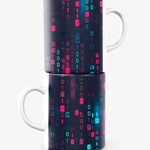 May include: Two white ceramic mugs with a black background and a pattern of colorful binary code. The mugs are stacked on top of each other.