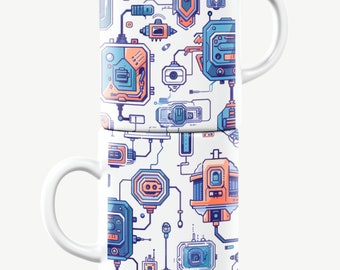 May include: A white ceramic mug with a colorful design of interconnected circuits and geometric shapes in shades of blue, orange, and white.