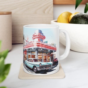 Nostalgic Diner Mug, Diner Mug Gift, Customized Ceramic Mug, Dishwasher & Microwave Safe Mug, Vintage Diner Design, Coffee Mug, 11 oz. Mug