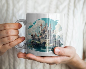 May include: White ceramic mug with a colorful illustration of a castle on a lake with clouds in the sky.