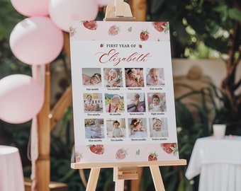 Peut inclure: Une affiche de collage photo de la première année rose et blanche sur le thème de la fraise. L'affiche présente 12 photos d'une petite fille, chaque photo représentant un mois différent de l'année. L'affiche est intitulée "Première année d'Elizabeth".