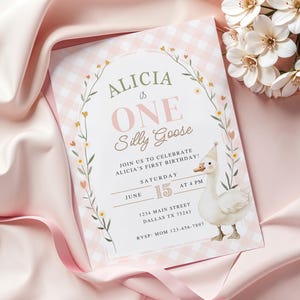 Invitation d'anniversaire One Silly Goose, invitation Vichy rose, premier anniversaire de petite fille, fête vintage du 1er anniversaire de l'oie, impression numérique