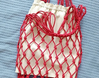 Macrame Market Bag with Textile Lining: Boho Cotton Woven Tote