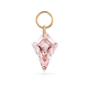 May include: A pink kite-shaped pendant with a gold-coloured loop. The pendant is a light pink colour and has many facets that reflect light. The loop is attached to the top of the pendant.