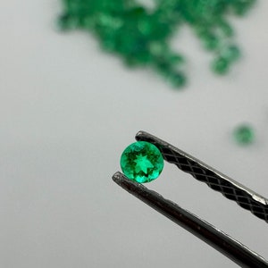 Op de afbeelding: Een heldergroene smaragd edelsteen vastgehouden in een pincet. De smaragd is rond en heeft een facetgeslepen.