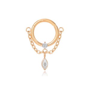 Orecchini a clic in oro rosa 18kt, orecchini pendenti galleggianti a forma di marquise solitario in laboratorio CVD, orecchini a catena