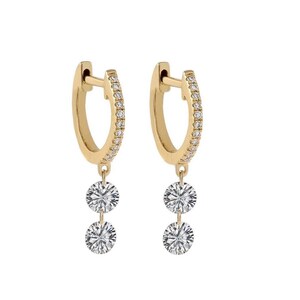 Double Diamond Drop Earrings, VVS D/E Diamond Hoop Earrings, 18K Yellow Gold Earrings, Lab Diamond