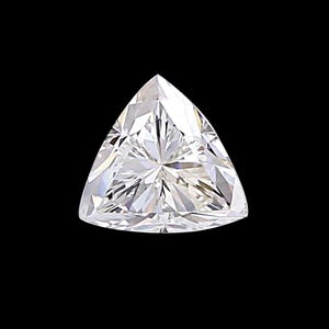 May include: A brilliant-cut, triangular-shaped diamond against a black background. The gemstone has many facets that reflect light, creating a sparkling effect. The diamond's shape is a perfect equilateral triangle.