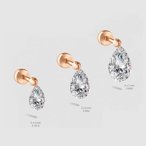 May include: Three pairs of rose gold earrings with teardrop-shaped diamond accents. The earrings are available in three sizes: 3 x 5 mm, 4 x 6 mm, and 5 x 7 mm.