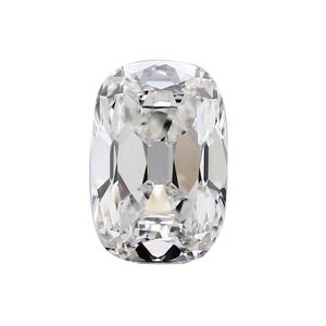 May include: A clear, cushion-cut diamond with numerous facets. The diamond's shape is rectangular with rounded corners, and it reflects light, creating a brilliant sparkle. The gemstone is set against a white background.