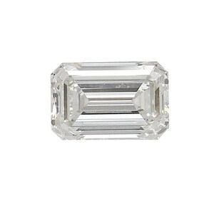 May include: An emerald-cut diamond, rectangular in shape, with step-cut facets. The colourless gemstone exhibits high clarity and brilliance, reflecting light across its surface. The diamond is set against a white background.