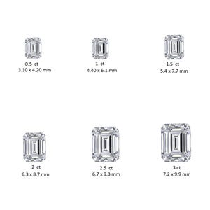 May include: Six emerald-cut gemstones are shown, ranging from 0.5 ct to 3 ct in size. Dimensions vary from 3.10 x 4.20 mm to 7.2 x 9.9 mm. Each clear gemstone is cut with multiple facets.