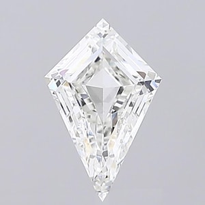 May include: A clear, kite-shaped diamond with a brilliant cut. The gemstone has a pointed tip and a symmetrical, geometric design. The facets reflect light, creating a sparkling effect. The diamond is set against a plain, light background.