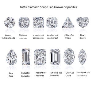 May include: Image displaying different lab-grown diamond cuts: round, cushion, princess, Asscher, trillion, heart, pear, baguette, radiant, emerald, oval, and marquise. Text at the top says "All Shape Lab Grown diamonds available."