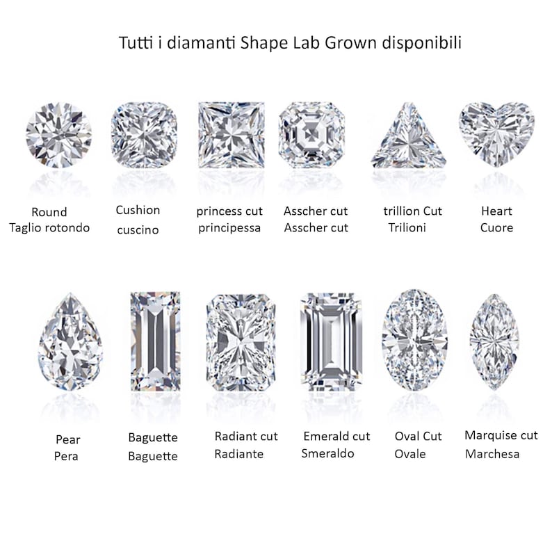 May include: Image displaying different lab-grown diamond cuts: round, cushion, princess, Asscher, trillion, heart, pear, baguette, radiant, emerald, oval, and marquise. Text at the top says "All Shape Lab Grown diamonds available."