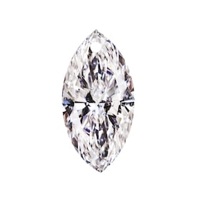 May include: A marquise-cut diamond with a high degree of clarity. The elongated shape has a hole drilled at the top. The facets reflect light, creating a brilliant sparkle. The diamond is set against a white background.