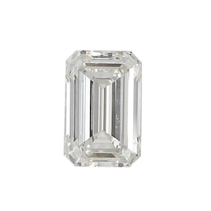 May include: A clear, emerald-cut diamond. The rectangular gemstone features step-cut facets, reflecting light. The diamond has a high degree of clarity and brilliance. The gemstone is set against a white background.