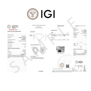 May include: A white IGI laboratory-grown diamond report. The document details the diamond's shape, cut, carat weight, colour grade, and clarity characteristics. The IGI logo and grading scales are also visible.