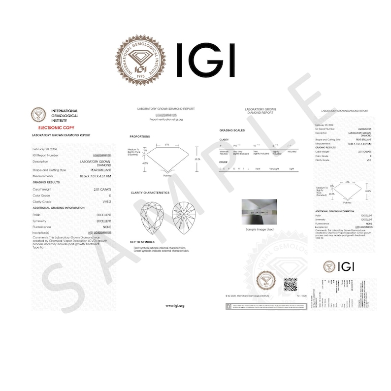May include: A white IGI laboratory-grown diamond report. The document details the diamond's shape, cut, carat weight, colour grade, and clarity characteristics. The IGI logo and grading scales are also visible.