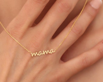 14K Gold Mama Necklace: Dainty Mother’s Jewelry Gift, Minimalist Mom Pendant, Sterling Silver Option, Birthday & Christmas Gift for Her