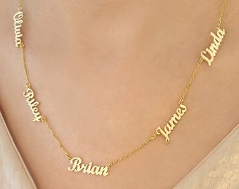 Collar con nombre en oro macizo de 14 quilates, collar con nombre personalizado, joyería minimalista para mujer, collar de oro hecho a mano, collar con varios nombres, regalo de Navidad