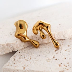 18K Gold Plated Stainless Steel Melted Earrings. Irregular earrings. Modern contemporary design. Small Stud Earrings. Gold Drop Earrings.